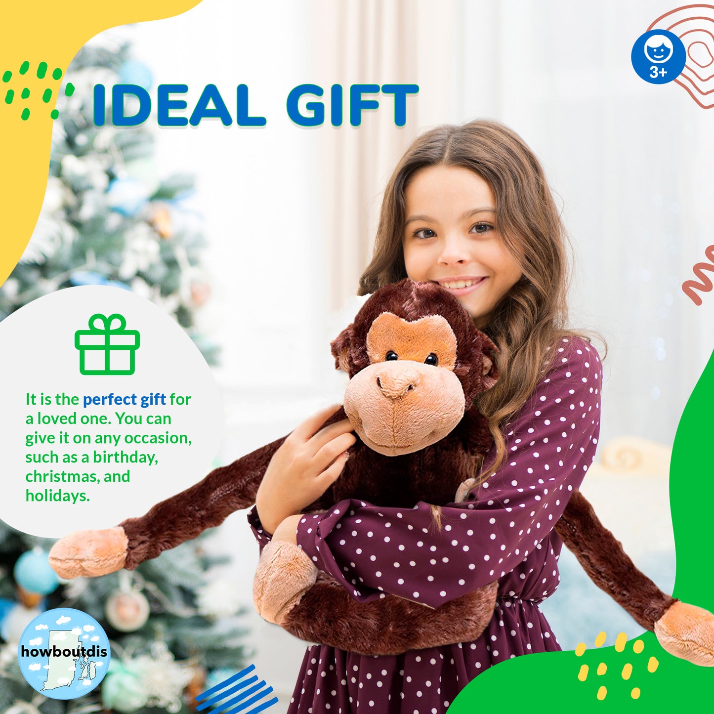 24-Inch Hanging Monkey Stuffed Animal – Hands Connect to Feet - Monkey Toy with Specially Designed Ultra Soft Plush Feel - Great Gift for Kids Ages 3+