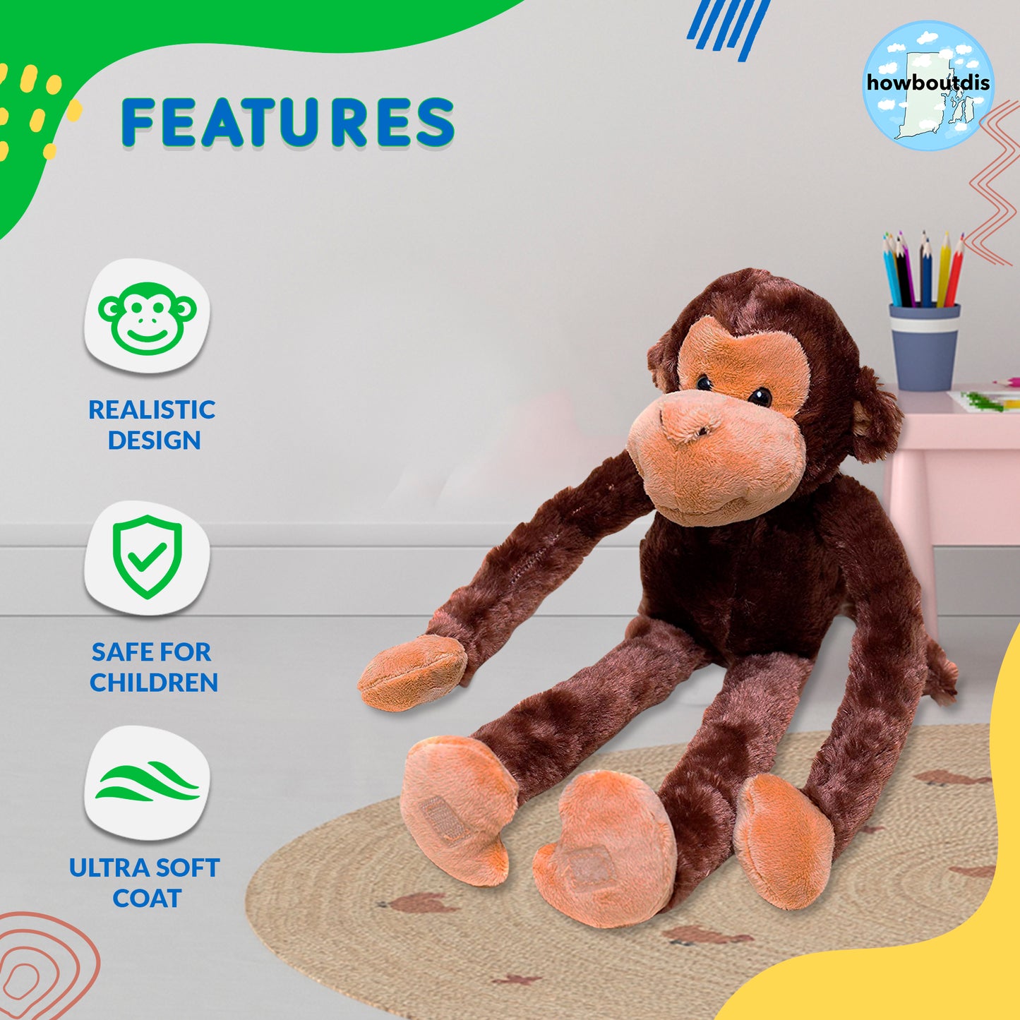 24-Inch Hanging Monkey Stuffed Animal – Hands Connect to Feet - Monkey Toy with Specially Designed Ultra Soft Plush Feel - Great Gift for Kids Ages 3+