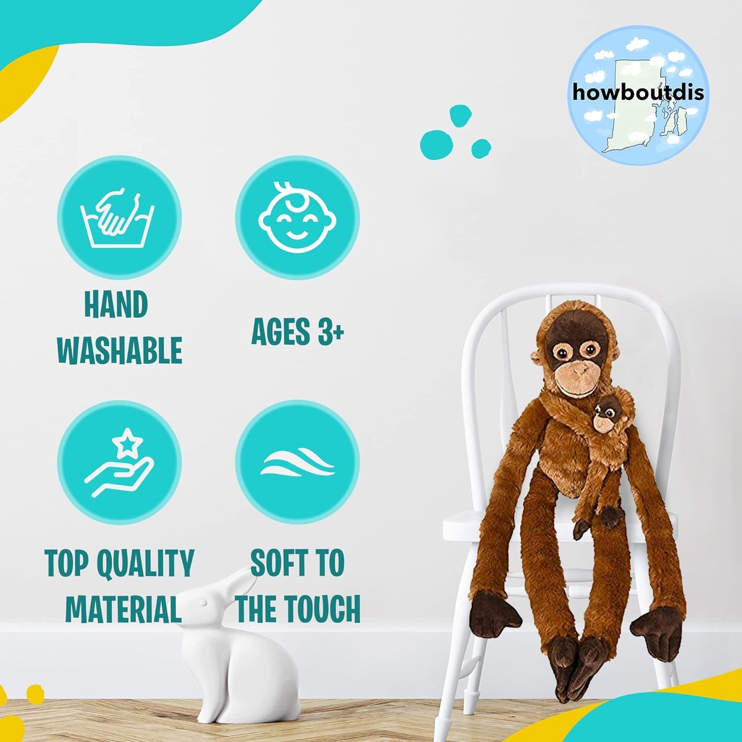 32-Inch Hanging Long Arm Plush Orangutan with Baby - Feet Connect to Hands - So Soft and Huggable Great Gift for Kids- Ages 3+