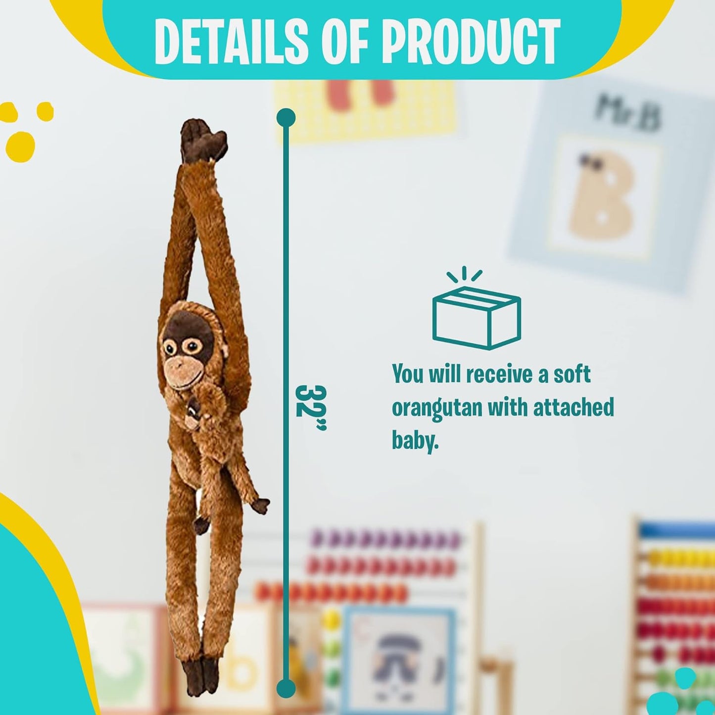 32-Inch Hanging Long Arm Plush Orangutan with Baby - Feet Connect to Hands - So Soft and Huggable Great Gift for Kids- Ages 3+