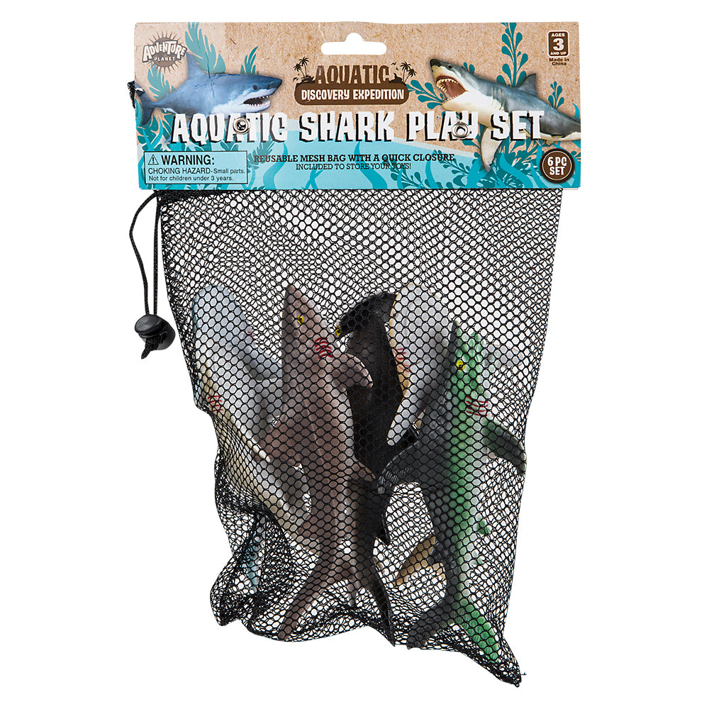 Six Piece Shark Set – Realistic Looking Ocean Sharks – Great for Party Favors, Bath Time, Shark Week – Reusable Mesh Bag – Measuring 5.5 – 7.5 inches.