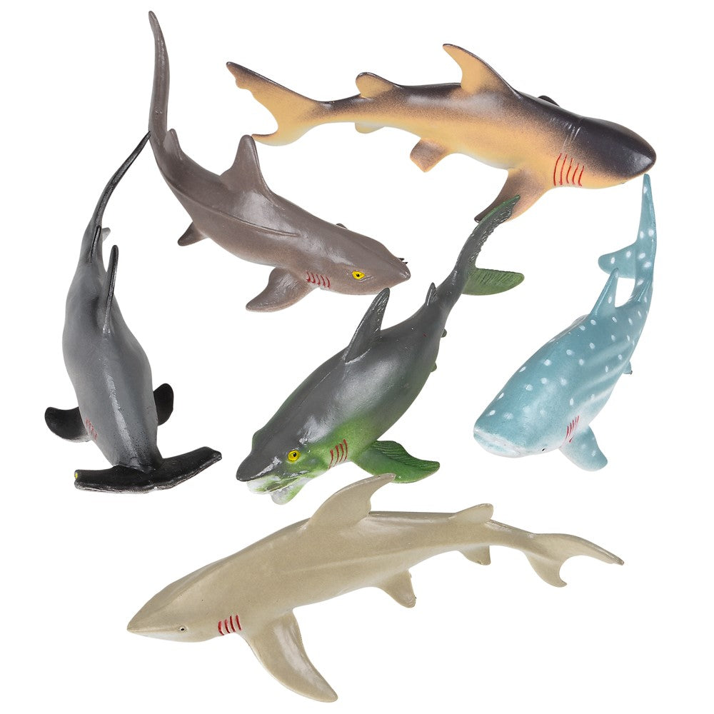 Six Piece Shark Set – Realistic Looking Ocean Sharks – Great for Party Favors, Bath Time, Shark Week – Reusable Mesh Bag – Measuring 5.5 – 7.5 inches.