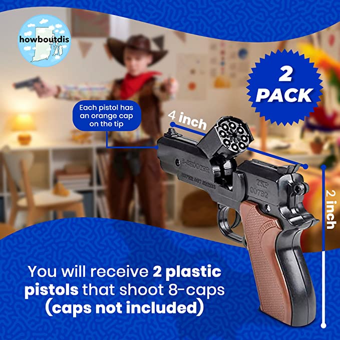 Cap Plastic Pistol Toy Gun for Kids - (2) Pistols per Order - Kid Safe for Action Fun - Birthdays, Holidays, Prizes, Costume Accessory