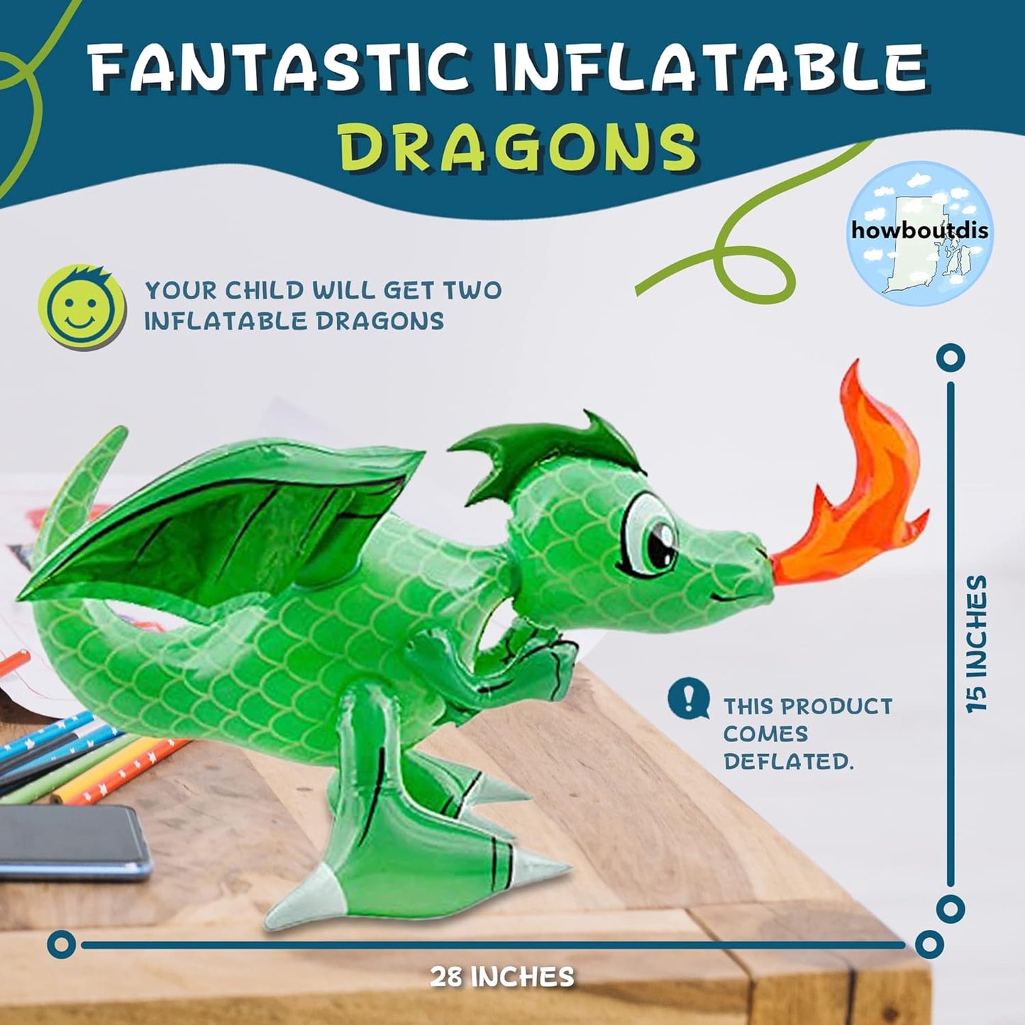 30” Inflatable Fire Breathing Dragons! (2 Pack) Fun Decorations, Giveaways, Gifts! Ages 3+