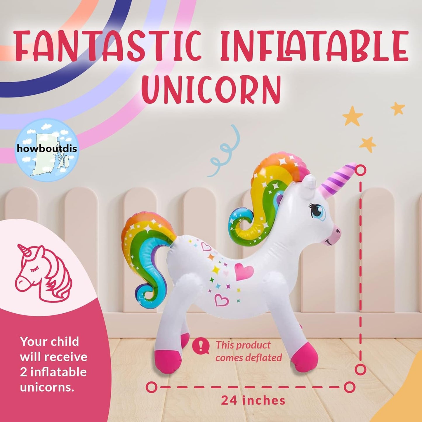 24 inch Inflatable Unicorns -2 Pack - So Much Fun - Adorable as Decorations, Great Gifts, Cool Giveaways - Ages 3+