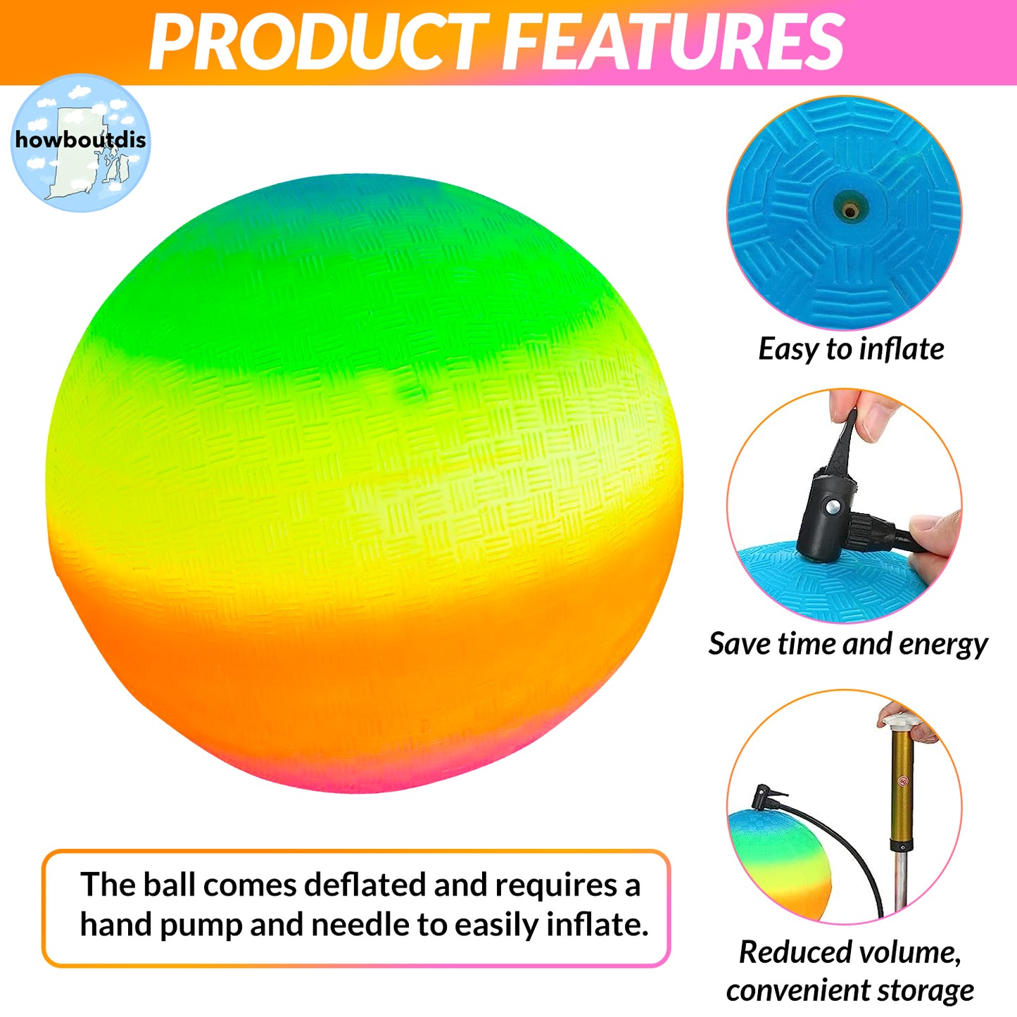 8.5 inch Rainbow Playground Ball for Kids - Bouncy 8.5 inch Rubber Ball - Four Square - Kickball - Beach Fun - Durable Outside Play Toys for Boys & Girls - Sold Deflated - Ages 2+