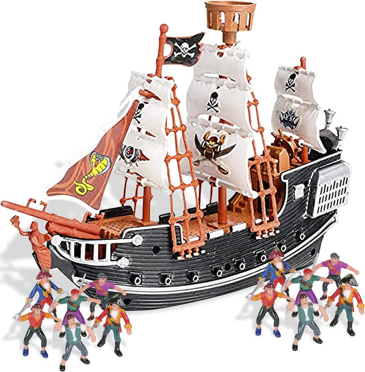 Pirate Playset - 10 inch Pirate Ship with 2 inch Pirate Figurines - Hours of Imaginative Play- Makes a Great Gift or a Fun Prize - Ages 3yrs+