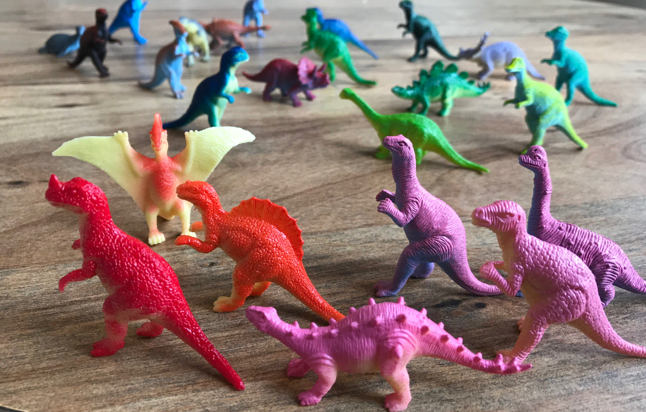 24-Piece Set of Mini 3 inch Plastic Dinosaurs - Assorted Colors & Styles - Great Fundraiser - Party Favor - Carnival Prize & Cake Topper