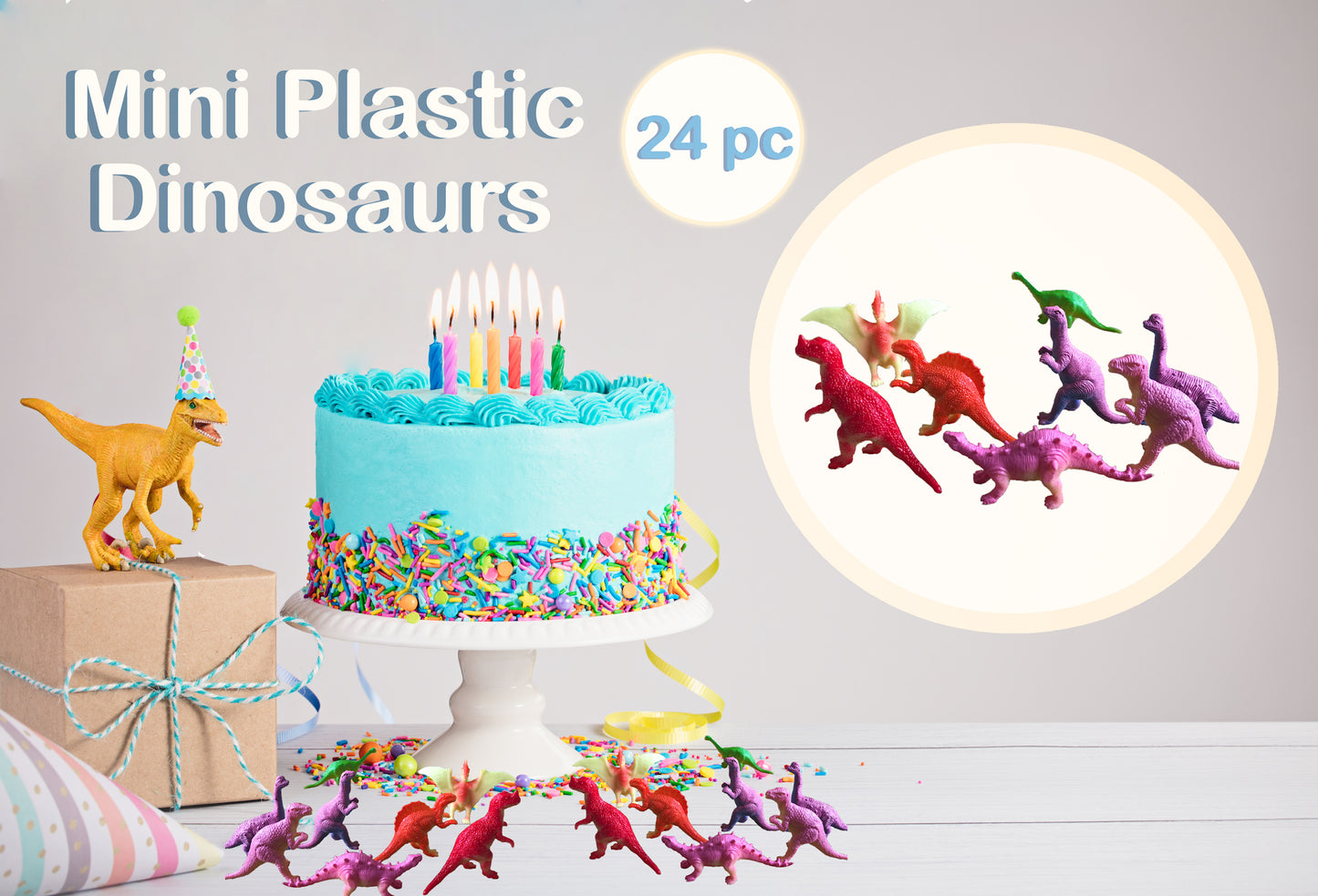 24-Piece Set of Mini 3 inch Plastic Dinosaurs - Assorted Colors & Styles - Great Fundraiser - Party Favor - Carnival Prize & Cake Topper