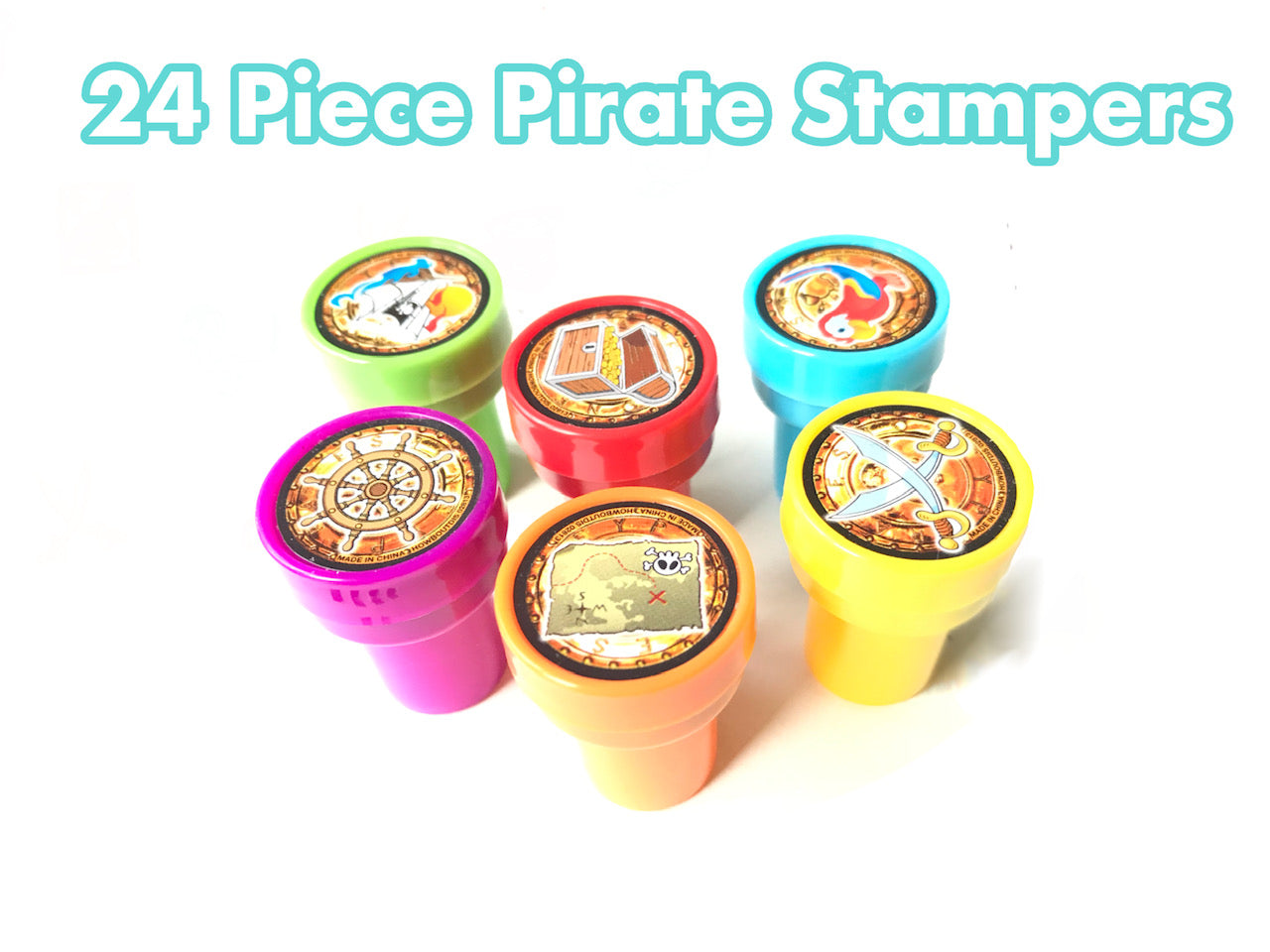 Pirate Party Supplies - 24 Pieces - 1.4 inch Colorful Pirate Stampers - Party Favor - Activity - Craft Time - Stocking Stuffer